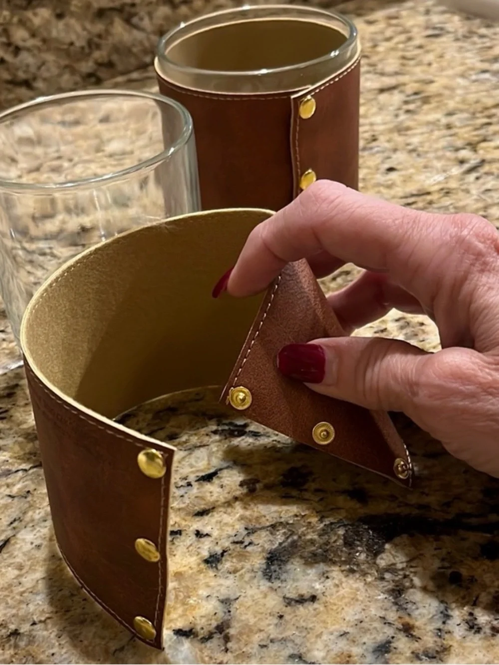 Back on sale! Two Glasses Wrapped With Leather Doubled Snap on Grips